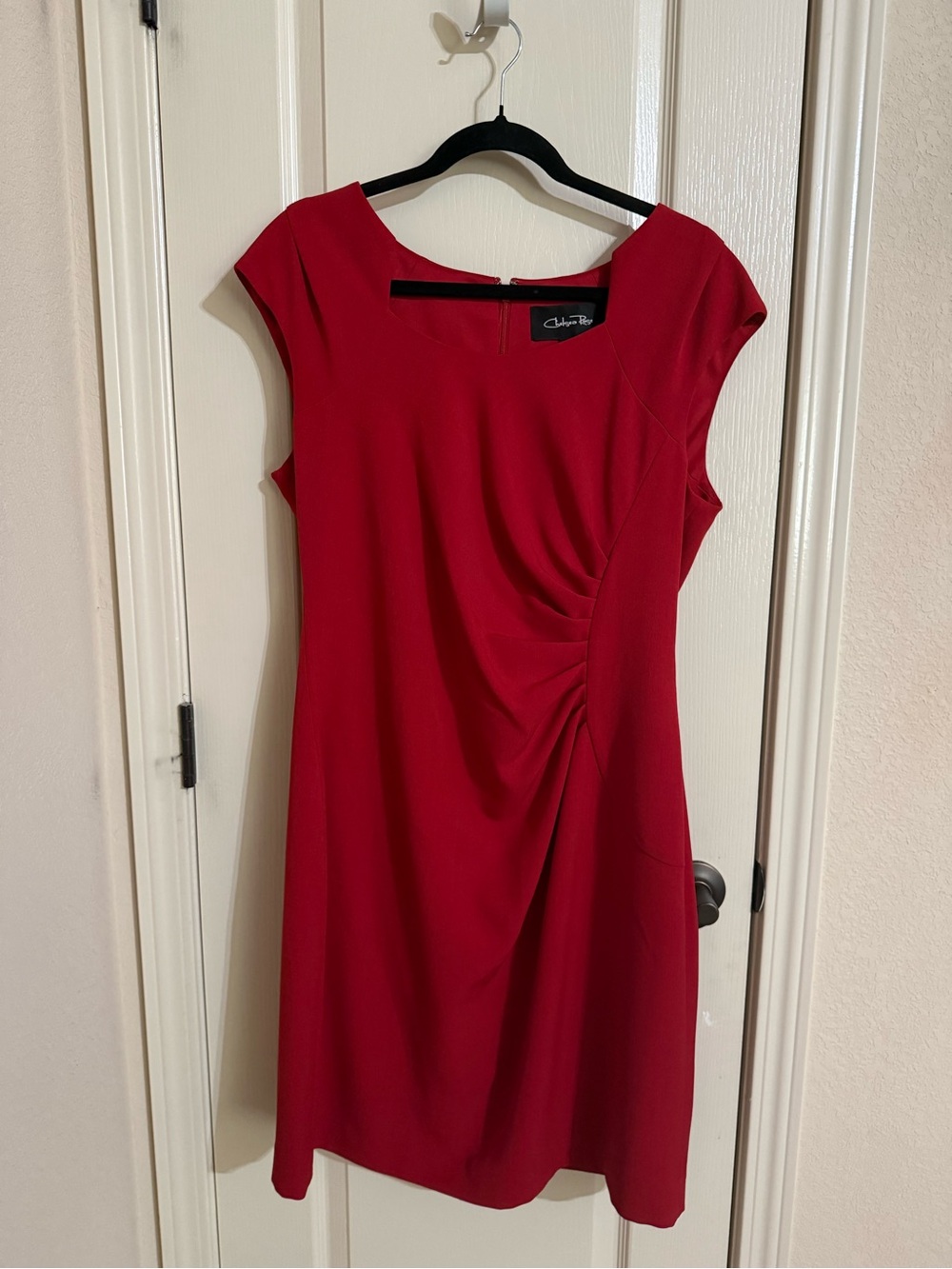 Chelsea Rose Red Cap-Sleeve Ruched Sheath Midi Dress